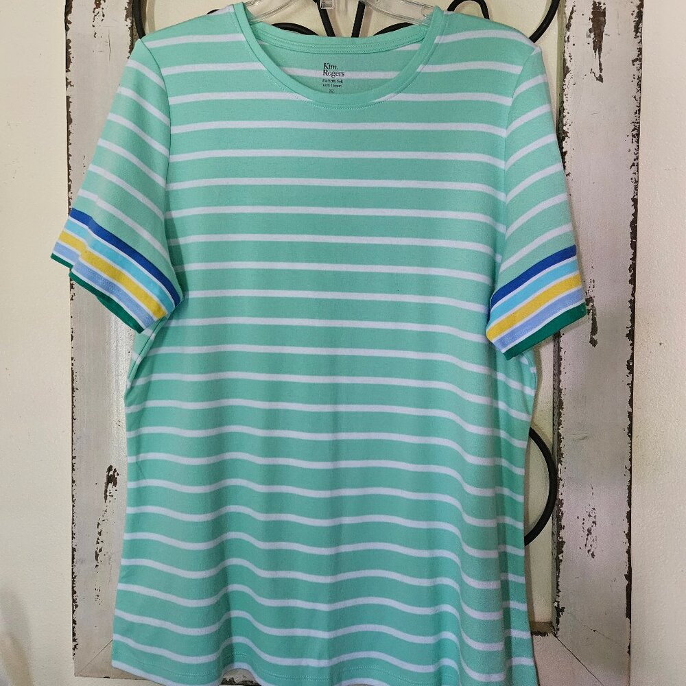 Kim Rogers Women`s Green /White Striped T-Shirt Super Soft XL
